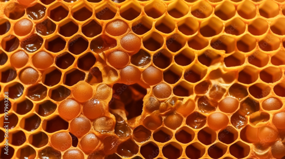 Poster a close up of honeycomb with honey dripping from it. the honeycomb is made of hexagonal cells and th