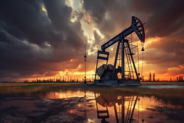 Obraz premium A Oil drilling machine in the desert, Industry, energy industry, gas station at sunset
