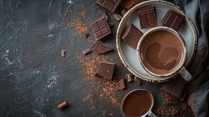 Cup of hot chocolate and pieces of chocolat on dark concrete background