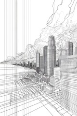 A detailed line drawing of a city with skyscrapers, made with black and white lines.