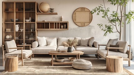 Sophisticated 3D render of a Japandi living room with a combination of rustic wood textures and sleek Nordic furniturecreating a harmonious and inviting space.
