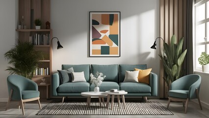 mock up poster frame in modern interior background, living room, Scandinavian style, 3D render, 3D...