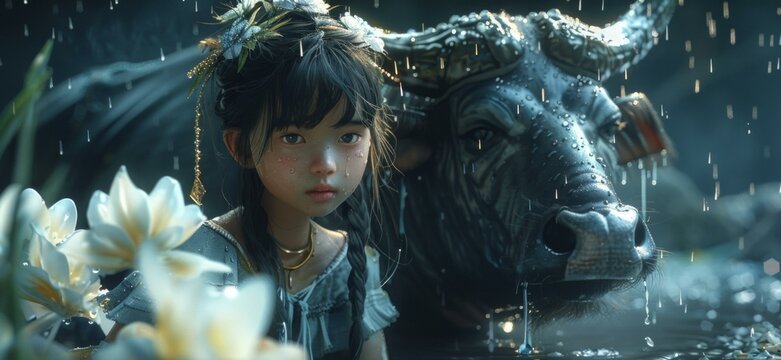 b'Little girl and a big black water buffalo standing in the rain'
