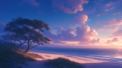 Stunning Coastal Sunset Over Tranquil Ocean Waves and Silhouetted Lone Tree