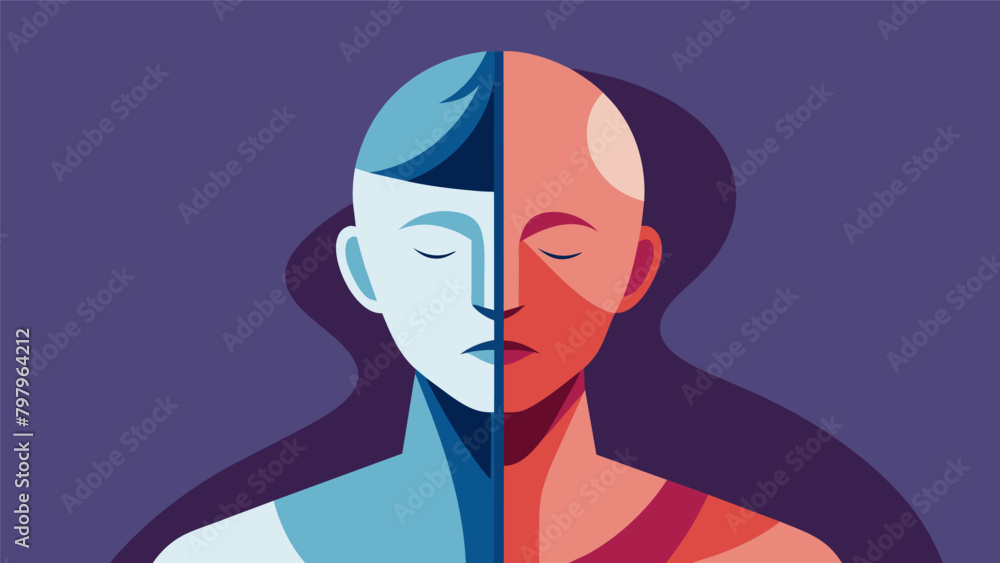 Poster a sculpture of a person with a split head one side depicting their inner thoughts and the other show