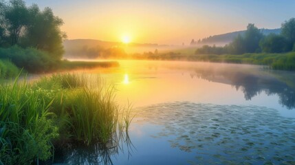 b'Beautiful sunrise over a lake with lily pads and tall grass in the foreground'