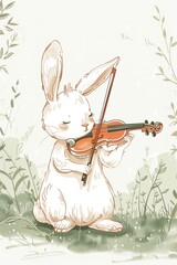An adorable illustration with rabbit or bunny joyfully playing the violin, adding a whimsical touch of music and charm. Animal musician.