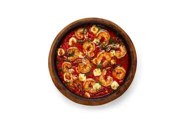 saganaki with shrimp, in a clay pan, Greek dish, shrimp in tomato sauce, feta cheese, homemade, no people, on a white background, isolate,
