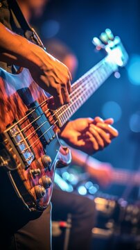 b'A musician playing the bass guitar on stage'