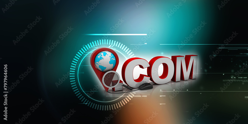 Poster 3d rendering globe with dot com near navigation sign