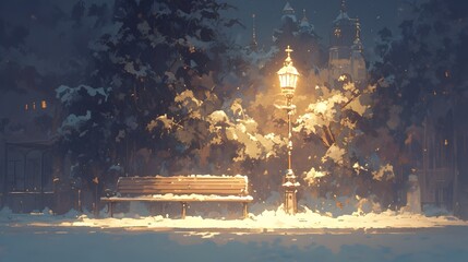 Enchanting Snowy Night Scene with Illuminated Onion-Domed Church in Charming Winter Cityscape - obrazy, fototapety, plakaty