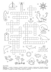 Crossword puzzle. Sea theme. Game and Coloring page. French language. Vector illustration.
