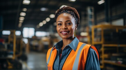 b'Portrait of a smiling African American woman wearing a hard hat and safety vest in a warehouse.'