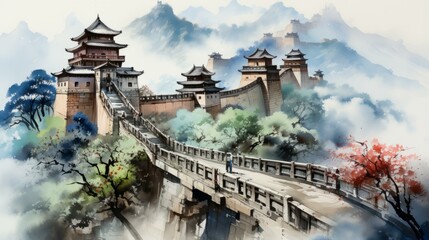 b'Chinese ink painting of the great wall'