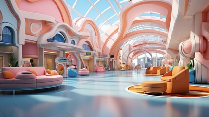 b'A futuristic airport terminal with a pink and blue color scheme'