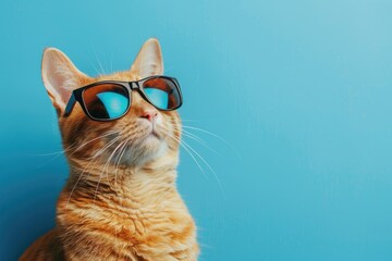 Cool orange cat wearing sunglasses on blue background. Perfect for pet lovers or summer concepts