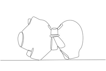 Continuous one line drawing tighten the belt around the piggy bank's stomach. Reduce unnecessary costs. Avoid financial crisis. Avoid recession. Save money. Single line draw design vector illustration