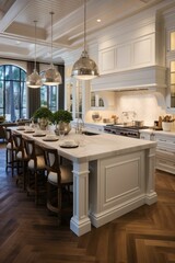 b'White kitchen island with seating and marble top'