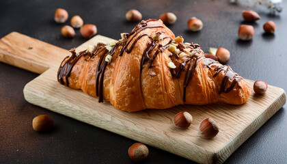 Close-up of fresh croissant with chocolate and hazelnuts on wooden board. Tasty and sweet food.