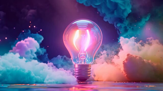 Glowing lightbulb with colorful smoke background. Brilliant creativity and innovation, electricity. Bulb and invention, energy, space abstract. Conceptual, power imagination and inspiration.