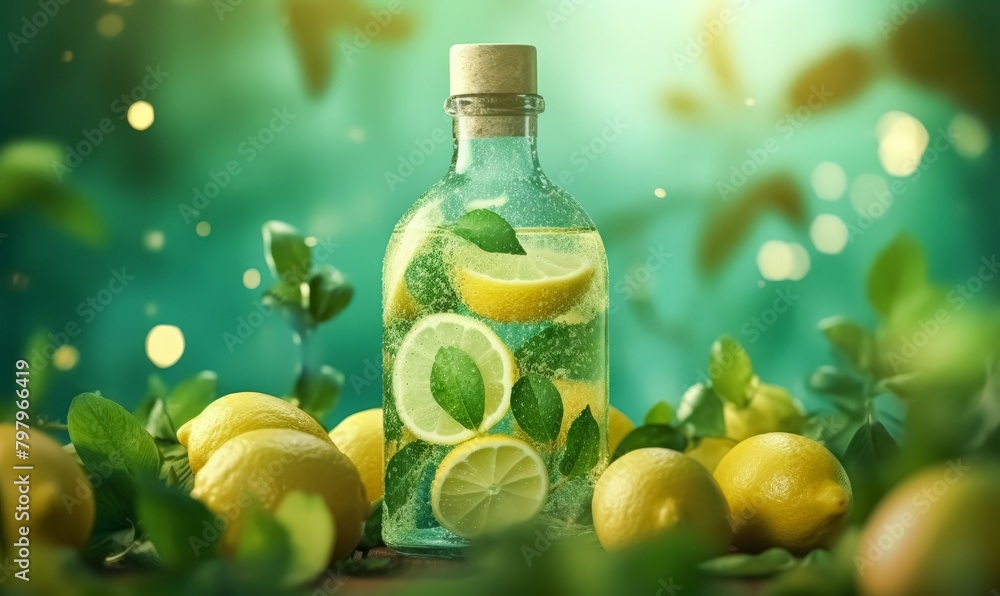 Aufkleber a bottle of lemonade with a few slices of lemon on top. the bottle is on a table with a green backgr