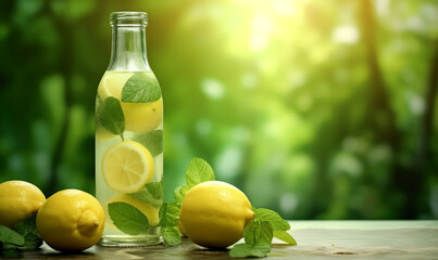 A bottle of lemonade with a few slices of lemon on top. The bottle is on a table with a green background