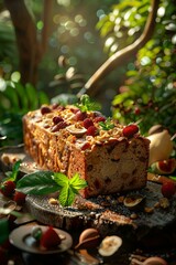 Fototapeta na wymiar b'Close up of a delicious homemade fruitcake with nuts and berries'