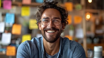 Joyful young man in glasses laughing surrounded by stickers in office. Concept Portrait, Joyful, Young Man, Laughter, Office