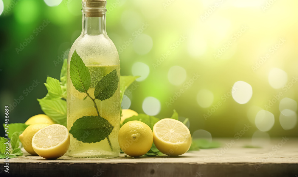 Poster a bottle of lemonade with a few slices of lemon on top. the bottle is on a table with a green backgr