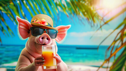 A pig in a straw hat and sunglasses on the ocean shore with a cocktail on a sunny summer day.
