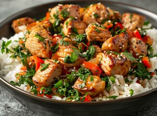 b'diced chicken with rice and vegetables'