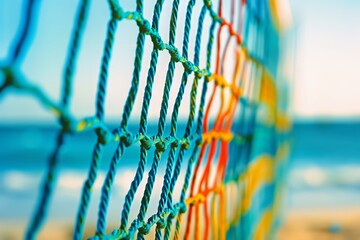 Colorful beach volleyball net close-up