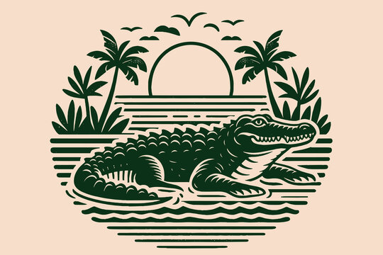 Crocodile in the river.   Old vintage engraving illustration. Hand drawn outline graphic. Logo, emblem, icon. Isolated object, cut out. black and white	