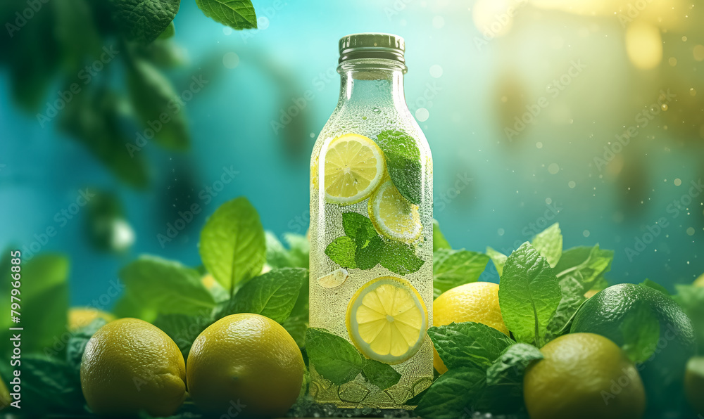 Poster a bottle of lemonade with a few slices of lemon on top. the bottle is on a table with a green backgr