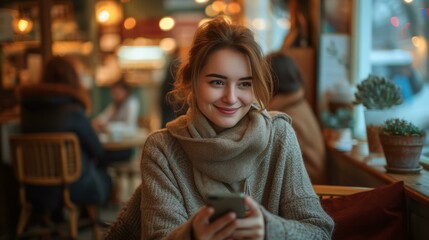 b'Young woman smiling while looking at her phone in a cafe'