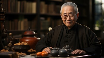 b'Portrait of a smiling elderly Asian man in traditional clothing sitting at a desk in a library' - obrazy, fototapety, plakaty