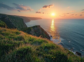 b'Rocky coast and cliffs at sunset'