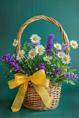 Green background, flowers in basket, purple and white daisies.