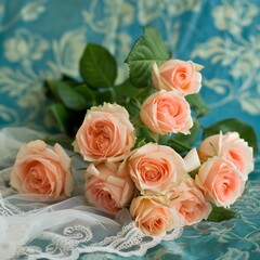 Bouquet of roses in peach color on the table against the background of bluegreen wallpaper.