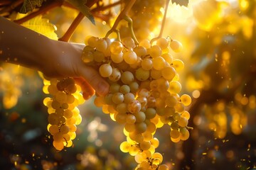 Hand harvesting ripe grapes in vineyard