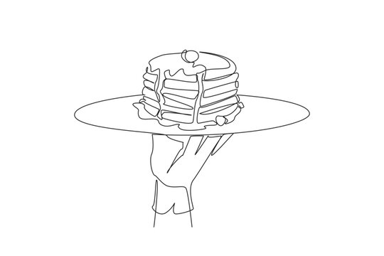 recommend clip art: Continuous one line drawing waiter holds a food tray serving pancakes. Traditional Eastern European food. Sweet taste. Stacked cakes. Delicious. Enjoyment. Single line draw design vector illustration