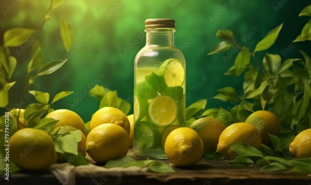 Poster a bottle of lemonade with a few slices of lemon on top. the bottle is on a table with a green backgr