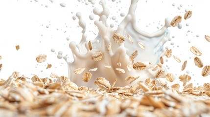 Falling oat flakes with milk splash isolated