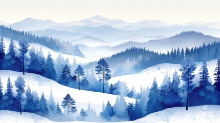 b'Blue and white winter landscape with snow-covered hills and pine trees'