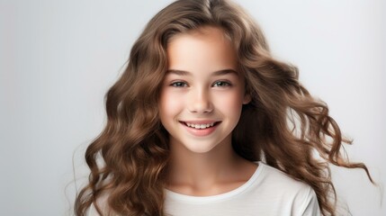 b'Portrait of a smiling young girl with long brown hair'