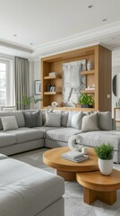 b'Bright apartment interior with white walls and wooden furniture'