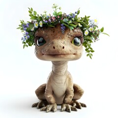 Adorable Baby Dinosaur with Regal Floral Crown in Whimsical 3D Render - obrazy, fototapety, plakaty