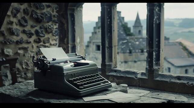 A vintage typewriter sits on a stone ledge