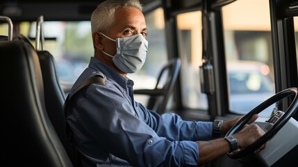 b'A bus driver wearing a mask'