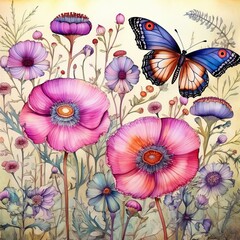 b'Pink flowers and blue butterfly'